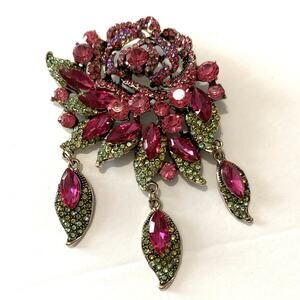 Large Pink Green Rhinestone Rose Brooch Dangle Floral Statement Pin 4"